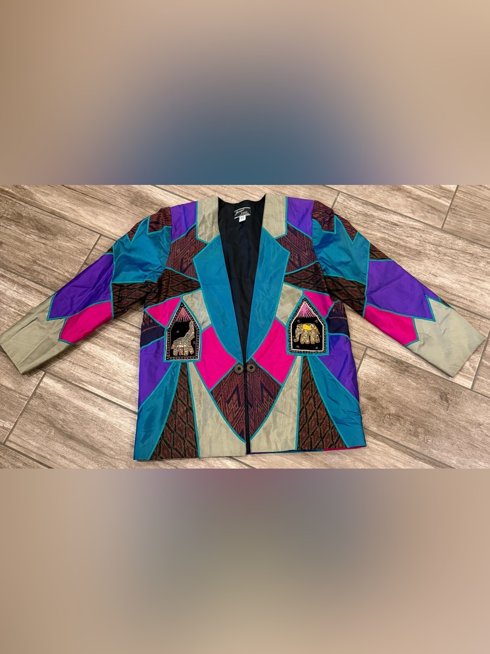 Vintage Jareena Barami Elephant Patch Colorblock Blazer- Teal, Purple & Fuchsia